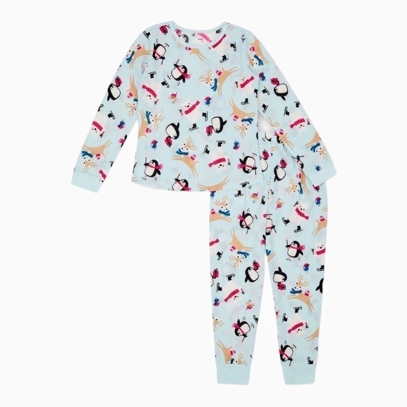 NWT Girls Thermal Pajamas 3 Piece Set with Sleep Mask Holiday Penguin Reindeer - Picture 1 of 5